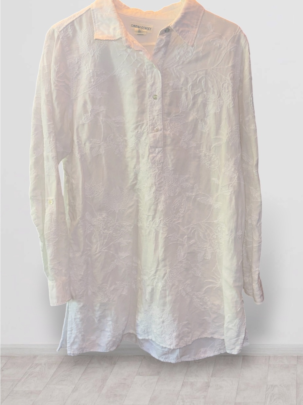 🌺Cynthia Rowley White Embroidered Long-Sleeve Shirt-Side Splits